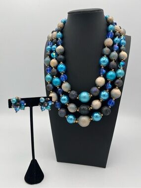 Signed Vendome Carved Glass Iridescent Ombre Pearl 3-Strand Necklace Earring Set